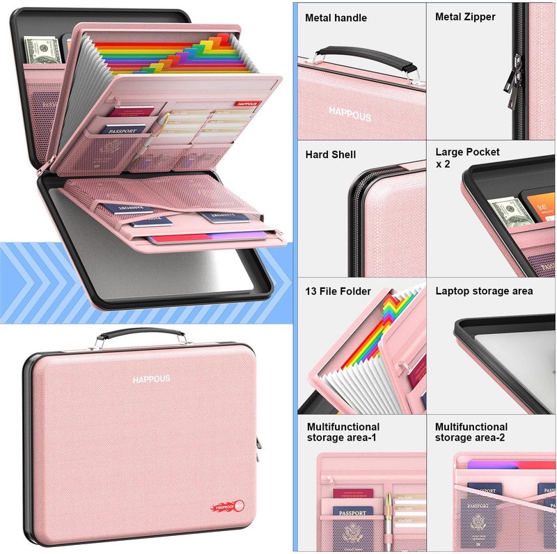HAPPOUS Fireproof File Box, Expanding File Organizer with 13 Pockets, Portable Fireproof Document Box Hard-Shell Document Organizer Storage for Documents Laptop Passports Cards Pink - Image 4